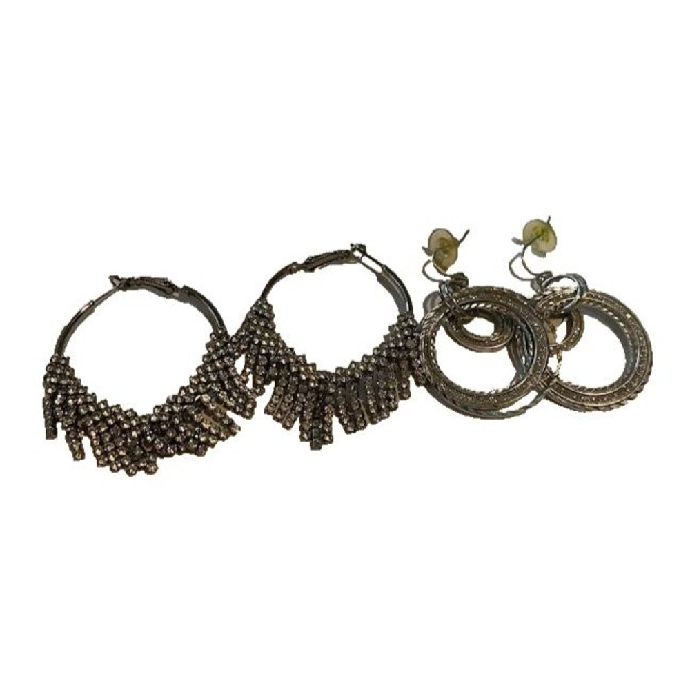 2Pr Fashion Silver Earrings Hoops w/Rhinestone Fringe, 5 Circle Shimmery Dangles